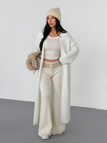 SHEIN ICON 女款白色極簡粗針織開襟大廓型羅紋毛衣，舒適保暖秋冬穿搭，柔軟街頭風長袖針織長版開襟衫 - 米色 - 查看 7