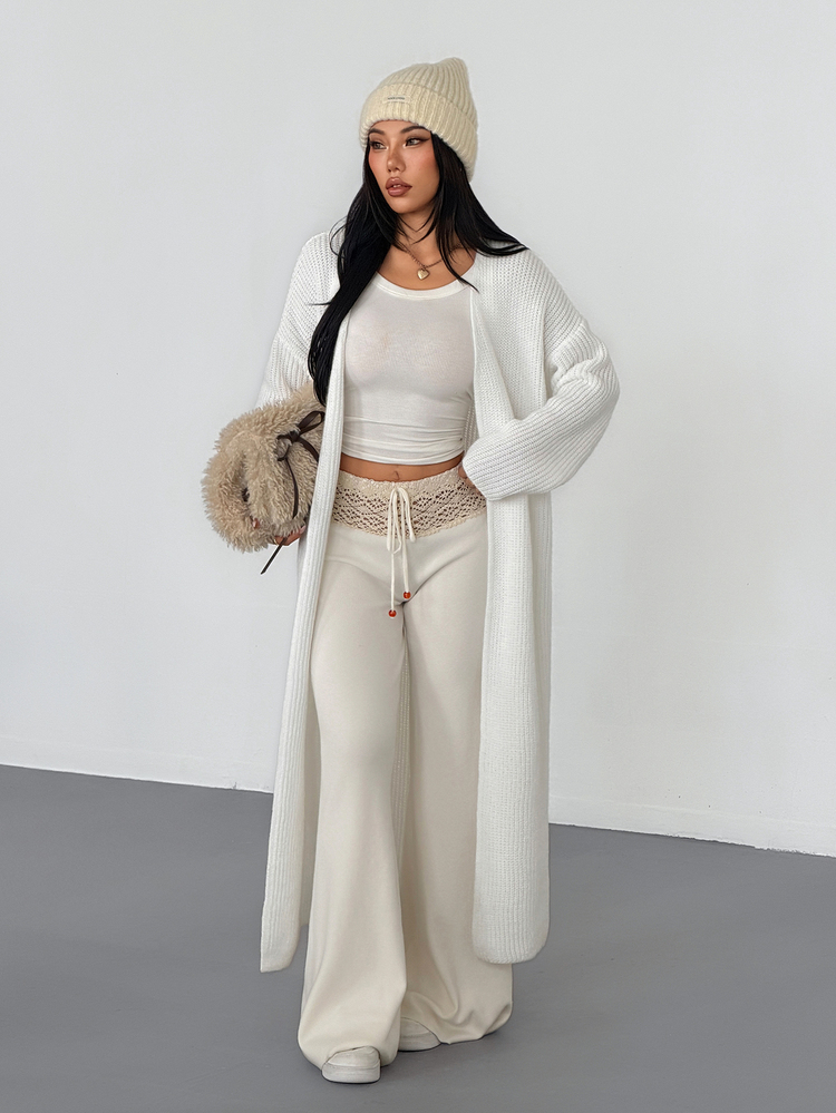 SHEIN ICON Women's White Minimalist Chunky Open Front Oversized Ribbed Sweater Cozy Warm Fall Winter Wear Soft Street Style Long Sleeve Knit Long Cardigan - Beige - View 7