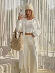 SHEIN ICON 女款白色極簡粗針織開襟大廓型羅紋毛衣，舒適保暖秋冬穿搭，柔軟街頭風長袖針織長版開襟衫 - 米色 - 查看 3