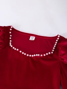 SHEIN 少女長袖抓皺收腰洋裝 秋季復古宮廷風 酒紅色天鵝絨 珍珠裝飾 方領泡泡袖 - 酒紅色 - 查看 3