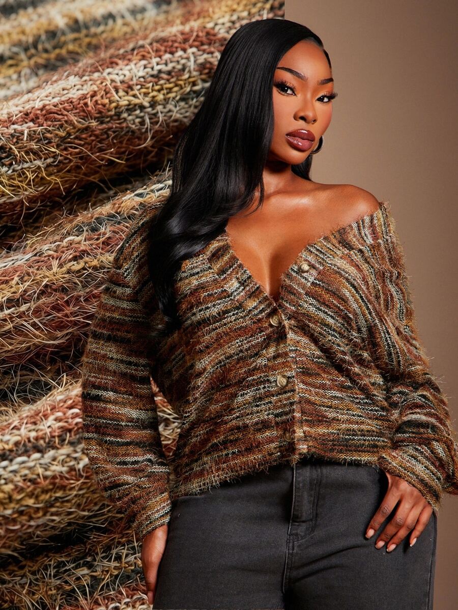 SHEIN SXY Yellow Brown Mixed Yarn Open Front Long Sleeve Loose Fit Faux Sweater Cardigan Fall - Multicolor - View 1