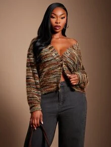 SHEIN SXY Yellow Brown Mixed Yarn Open Front Long Sleeve Loose Fit Faux Sweater Cardigan Fall - Multicolor - View 6