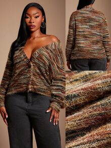 SHEIN SXY Yellow Brown Mixed Yarn Open Front Long Sleeve Loose Fit Faux Sweater Cardigan Fall - Multicolor - View 2