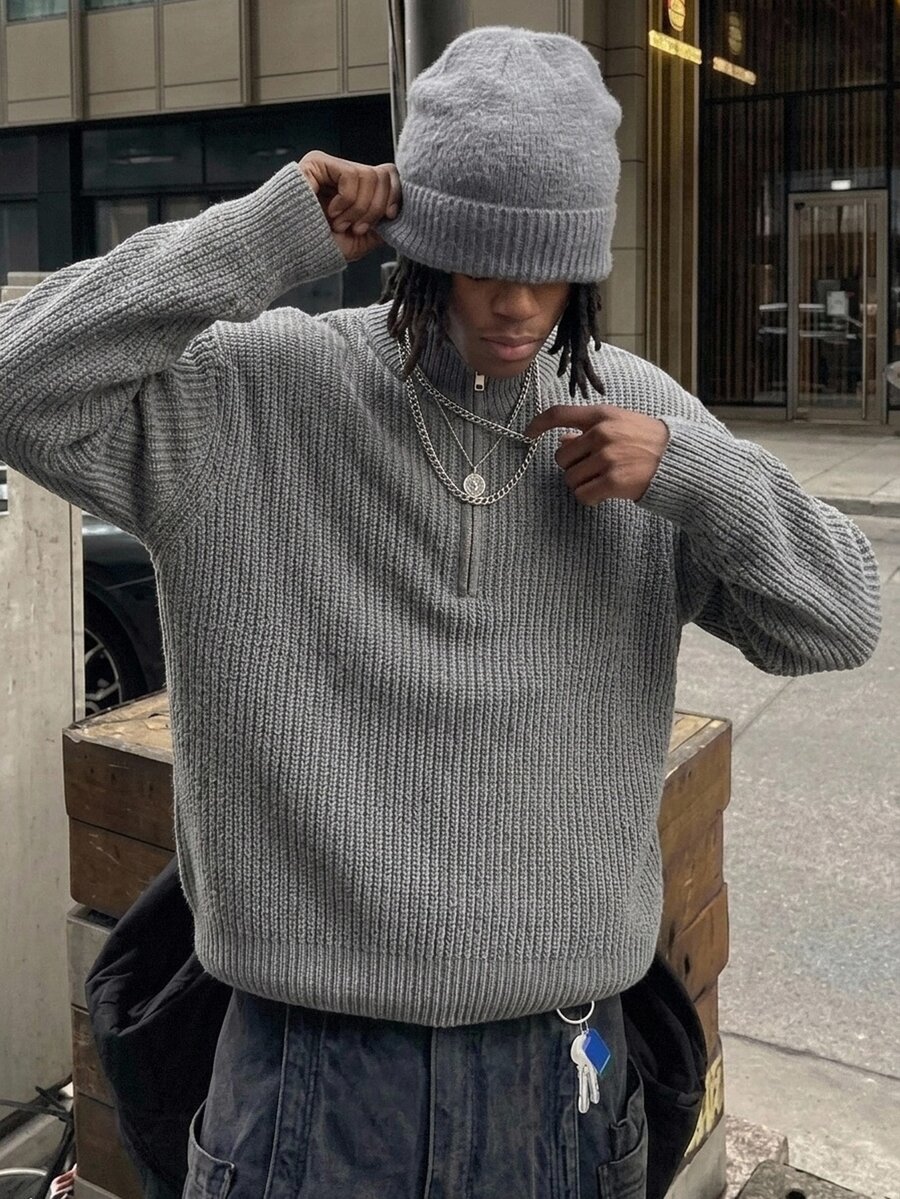 RONVEXI Autumn/Winter New Men's Half-Zip Pullover Long Sleeve Ribbed Solid Color Sweater Comfortable For Daily Outings And Activities - Grey - View 1