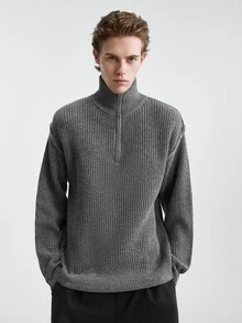 RONVEXI Autumn/Winter New Men's Half-Zip Pullover Long Sleeve Ribbed Solid Color Sweater Comfortable For Daily Outings And Activities - Grey - View 7