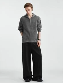 RONVEXI Autumn/Winter New Men's Half-Zip Pullover Long Sleeve Ribbed Solid Color Sweater Comfortable For Daily Outings And Activities - Grey - View 5