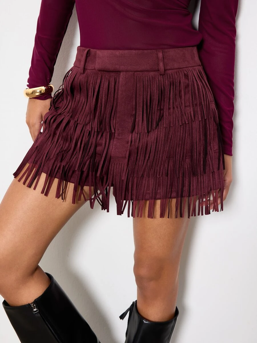 Maija Women's Elegant Tassel Decor Shorts For Office And Commute - Red Violet - View 1