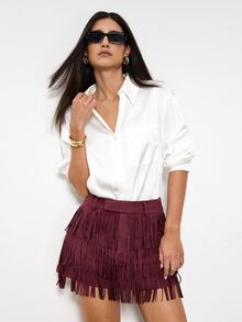Maija 女款優雅流蘇裝飾短褲，適合辦公與通勤 - 中紫紅色 - 查看 3