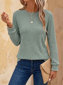 EMERY ROSE Women's Solid Ribbed Brushed Comfortable Crew Neck Long Sleeve Casual T-Shirt, Autumn/Winter,Fall - Green - View 1