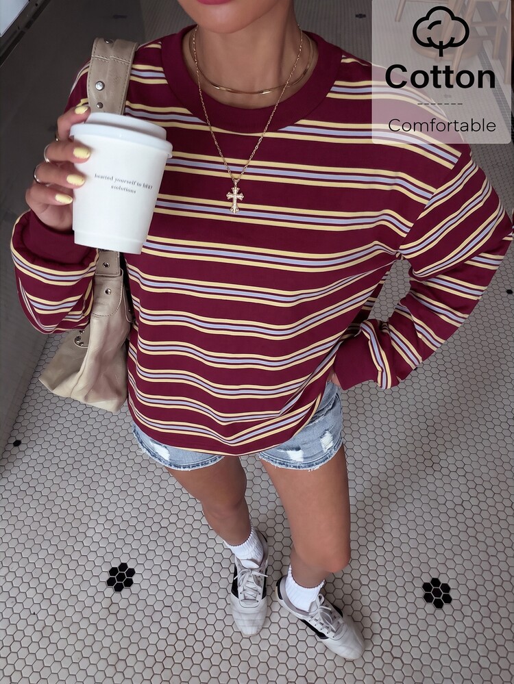 Muchica Women's Striped Colorblock Long Sleeve Knit Sweatshirt, Casual - Burgundy - View 3