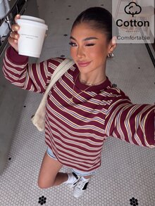Muchica 女款條紋拼色長袖針織運動衫，休閒風 - 酒紅色 - 查看 4