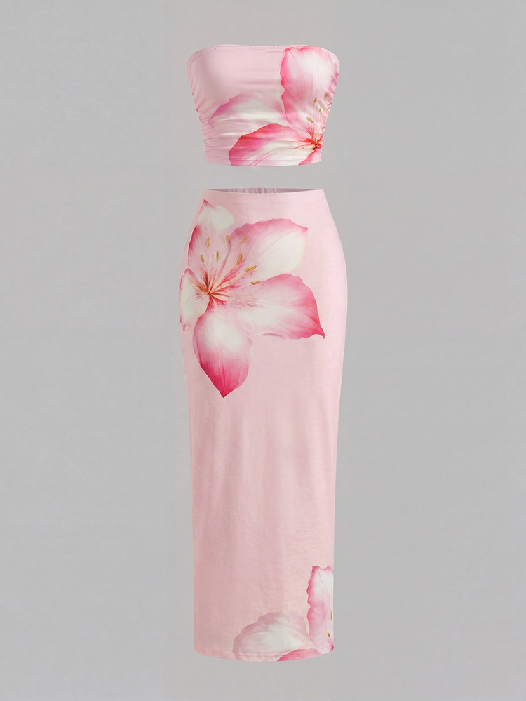 SHEIN Tween Girl Tie-Dye Floral Print Fitted Casual Comfortable Tank Top And Mini Skirt Set - Baby Pink - View 3