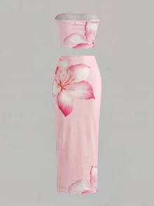 SHEIN Tween Girl Tie-Dye Floral Print Fitted Casual Comfortable Tank Top And Mini Skirt Set - Baby Pink - View 2