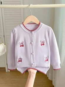 Girls' Cute Peter Pan Collar Knitted Cardigan Sweater Long Sleeve Jacket With Cherry Embroidery Autumn Winter - Mauve Purple - View 8