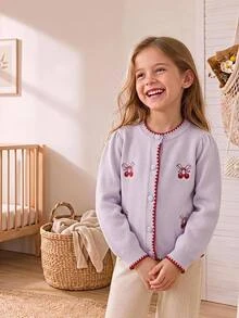 Girls' Cute Peter Pan Collar Knitted Cardigan Sweater Long Sleeve Jacket With Cherry Embroidery Autumn Winter - Mauve Purple - View 1