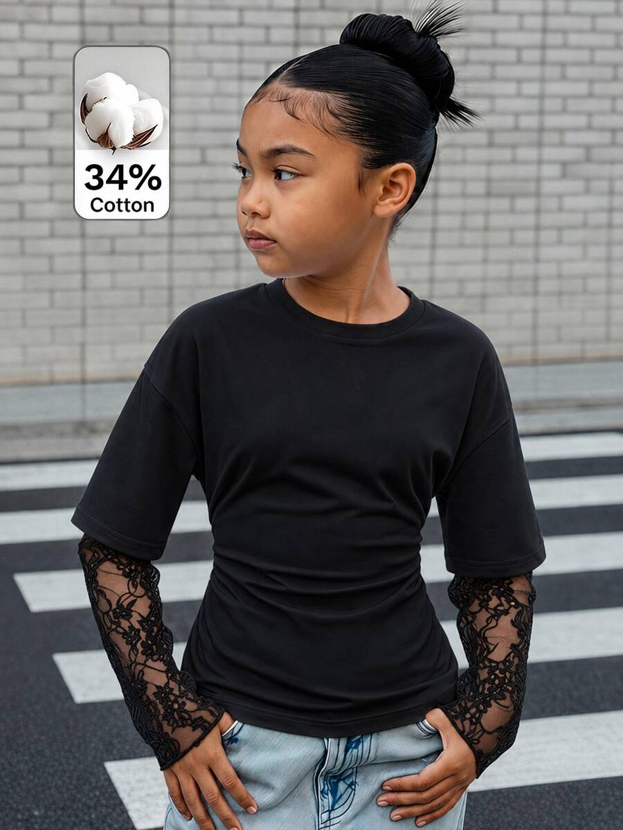 SHEIN Camiseta de manga larga 2 en 1 con encaje de contraste de unicolor para niñas preadolescentes - Negro - Ver 1