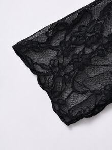 SHEIN Camiseta de manga larga 2 en 1 con encaje de contraste de unicolor para niñas preadolescentes - Negro - Ver 4