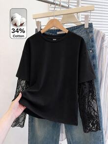 SHEIN Camiseta de manga larga 2 en 1 con encaje de contraste de unicolor para niñas preadolescentes - Negro - Ver 2