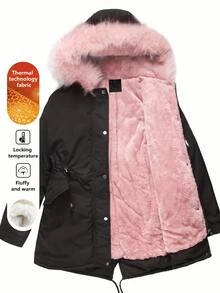 SHEIN Clasi Jaket Berkerudung Kerah Bulu Tebal Berlapisan Termal Ukuran Besar untuk Musim Gugur/Dingin - Hitam - View 9