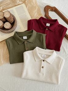 SHEIN 小男孩 3件裝 素色短袖鈕扣休閒 Polo 衫 - 彩色 - 查看 5