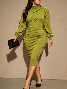 Juhart Green Diagonal Ruched Waist Pleated Semi-High Neck Puff Long Sleeve Bodycon Dress, Elegant Mature Style, Suitable For Commute, Date, Party, Evening Banquet, Plus Size - Green - View 4