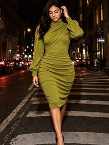 Juhart Green Diagonal Ruched Waist Pleated Semi-High Neck Puff Long Sleeve Bodycon Dress, Elegant Mature Style, Suitable For Commute, Date, Party, Evening Banquet, Plus Size - Green - View 1