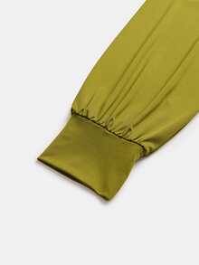 Juhart Green Diagonal Ruched Waist Pleated Semi-High Neck Puff Long Sleeve Bodycon Dress, Elegant Mature Style, Suitable For Commute, Date, Party, Evening Banquet, Plus Size - Green - View 3
