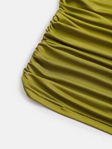 Juhart Green Diagonal Ruched Waist Pleated Semi-High Neck Puff Long Sleeve Bodycon Dress, Elegant Mature Style, Suitable For Commute, Date, Party, Evening Banquet, Plus Size - Green - View 9