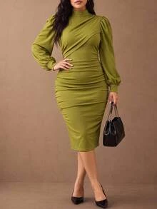 Juhart Green Diagonal Ruched Waist Pleated Semi-High Neck Puff Long Sleeve Bodycon Dress, Elegant Mature Style, Suitable For Commute, Date, Party, Evening Banquet, Plus Size - Green - View 6