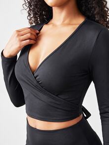 SHEIN Core Rhythm Plus Size Women's One-Piece Solid Black Sports Tank Top With Back Tie - Black - View 7