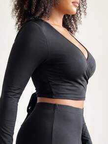 SHEIN Core Rhythm Plus Size Women's One-Piece Solid Black Sports Tank Top With Back Tie - Black - View 4