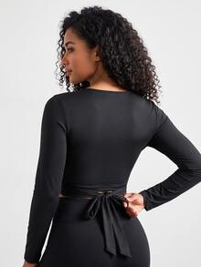 SHEIN Core Rhythm Plus Size Women's One-Piece Solid Black Sports Tank Top With Back Tie - Black - View 2