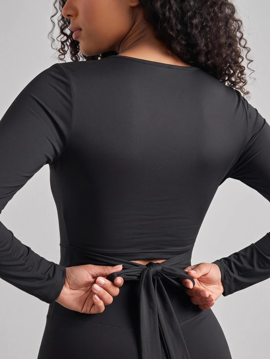 SHEIN Core Rhythm Plus Size Women's One-Piece Solid Black Sports Tank Top With Back Tie - Black - View 1