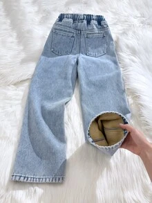 SHEIN Kids Tween Boys' Light Blue Denim Fleece Lined Loose Fit Long Pants, Autumn/Winter - Blue - View 2
