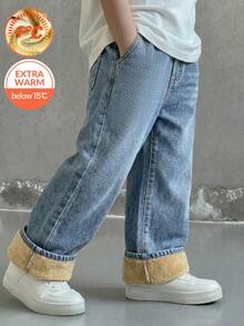 SHEIN Kids Tween Boys' Light Blue Denim Fleece Lined Loose Fit Long Pants, Autumn/Winter - Blue - View 1