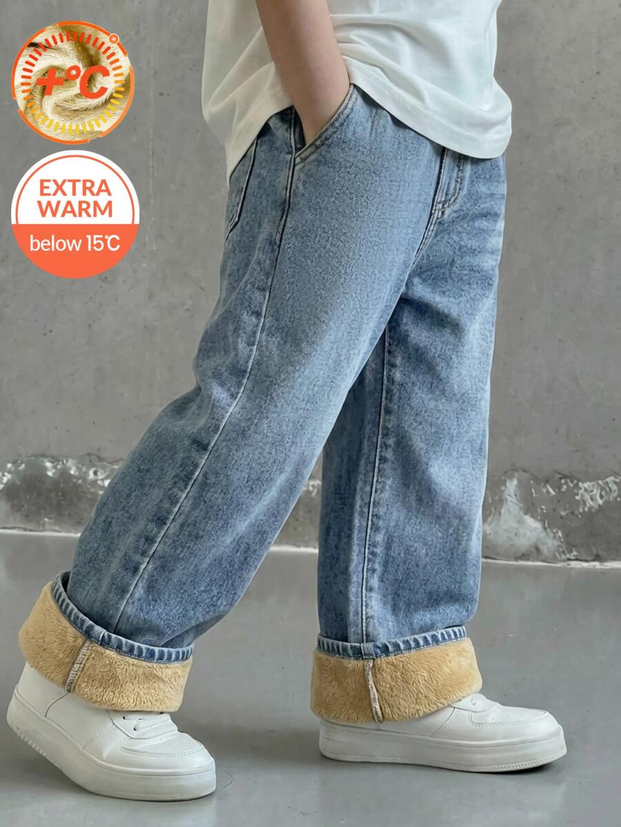 SHEIN Kids Tween Boys' Light Blue Denim Fleece Lined Loose Fit Long Pants, Autumn/Winter - Blue - View 1
