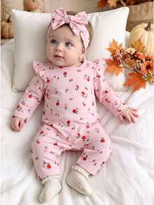 SHEIN Newborn Baby Girls Floral Romper Jumpsuit Cute Pink Shoulder Ruffle Long Sleeve Round Neck Regular Birthday Party Fall Holiday Birthday Girl Fresh - Pink - View 1
