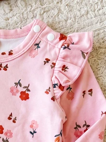 SHEIN Newborn Baby Girls Floral Romper Jumpsuit Cute Pink Shoulder Ruffle Long Sleeve Round Neck Regular Birthday Party Fall Holiday Birthday Girl Fresh - Pink - View 5