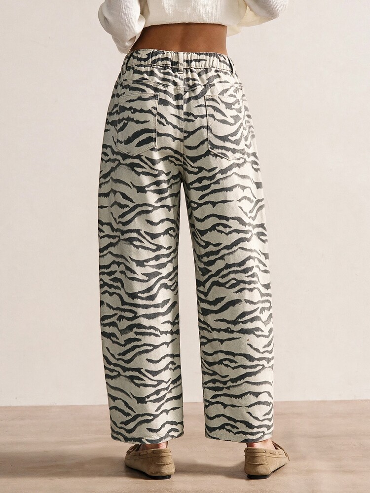 Bohemela Plus Size Women Y2K Zebra Print High Waist Wide Leg Denim Jeans Fall Casual Loose Pants - Apricot - View 2
