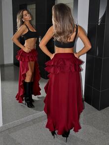SHEIN ICON Asymmetric Ruffle Hem Tiered Mini Skirt Sexy For Club Red Skirts - Red - View 2