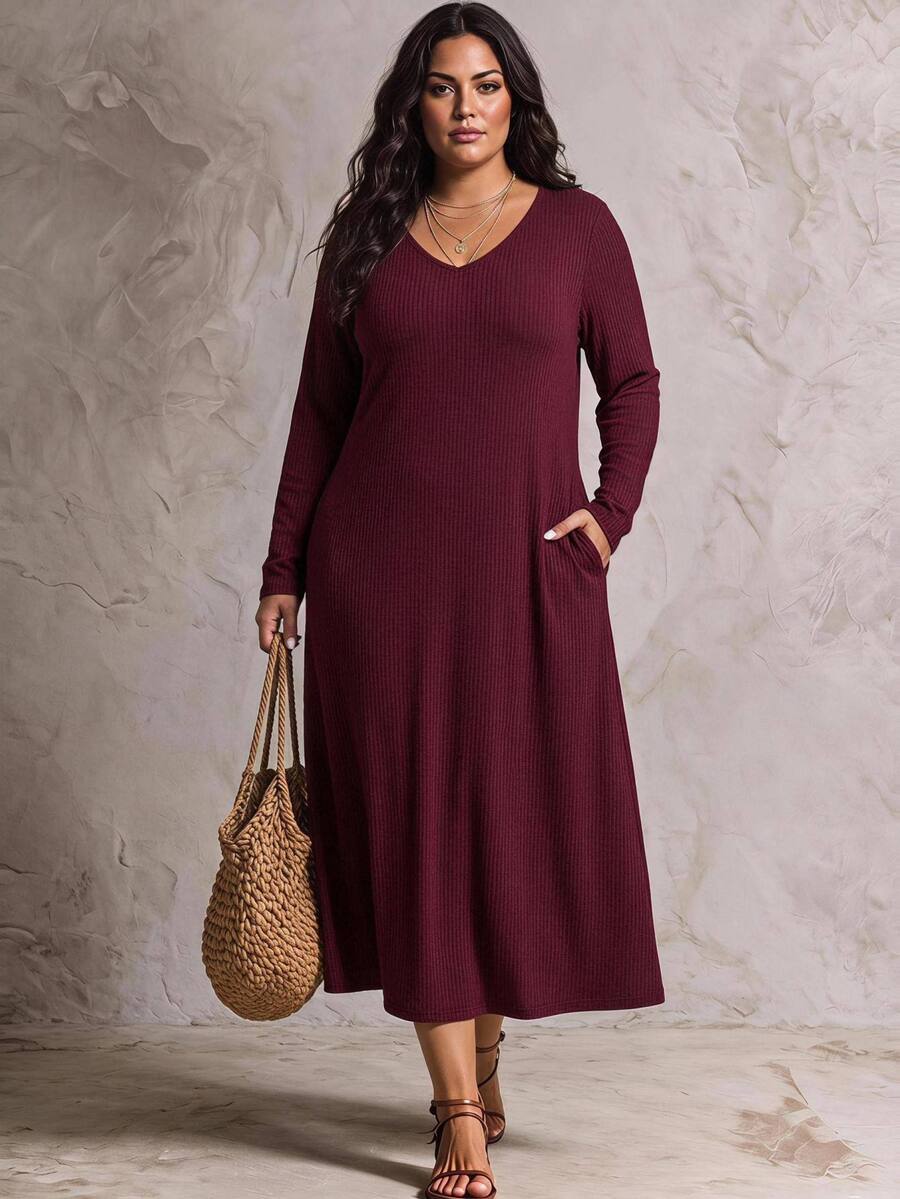 SHEIN CURVE+ Gaun Panjang Wanita Ukuran Plus 22W Leher V, Musim Gugur/Musim Dingin Natal - Burgundy - View 1