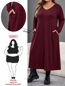 SHEIN CURVE+ Gaun Panjang Wanita Ukuran Plus 22W Leher V, Musim Gugur/Musim Dingin Natal - Burgundy - View 5