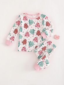 SHEIN 女嬰針織圓領卡通圖案休閒T恤與長褲家居服2件套，貼身剪裁，聖誕睡衣 - 彩色 - 查看 3