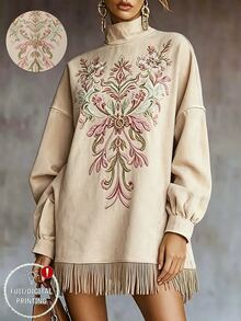LUMIGAL Sweatshirt Kasual Vintage untuk Komuter dengan Kerah Tegak, Ukuran Besar, Bahu Jatuh, Motif Grafis, Bordir Imitasi, Potongan Longgar, Patchwork, dan Rumbai. - Aprikot - View 3
