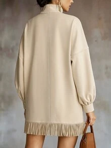 LUMIGAL Sweatshirt Kasual Vintage untuk Komuter dengan Kerah Tegak, Ukuran Besar, Bahu Jatuh, Motif Grafis, Bordir Imitasi, Potongan Longgar, Patchwork, dan Rumbai. - Aprikot - View 2