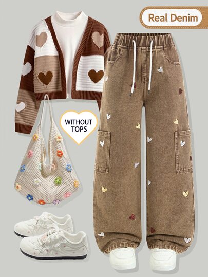 SHEIN Pantalones vaqueros de pierna ancha con bordado de corazón para niñas preadolescentes, cintura elástica, pantalones cargo de mezclilla, pantalones casuales de corte holgado