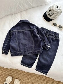 SHEIN 2Pcs Baby Boy Casual Loose And Comfortable Loose Shirt And Elastic-Waist Comfortable Jeans - Blue - View 2