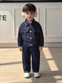 SHEIN 2Pcs Baby Boy Casual Loose And Comfortable Loose Shirt And Elastic-Waist Comfortable Jeans - Blue - View 3