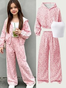 SHEIN 3件組青少年女孩套裝，連帽長袖前開襟短版拉鍊夾克，白色滾邊與編織織帶裝飾，白色細肩帶背心，鬆緊腰寬鬆寬腿長褲，秋季休閒穿搭 - 粉色 - 查看 1