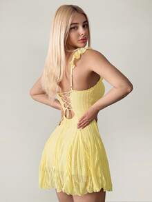 SHEIN ICON Women's Lace Patchwork A-Line Mini Dress, Apricot Color, Summer - Mustard Yellow - View 7